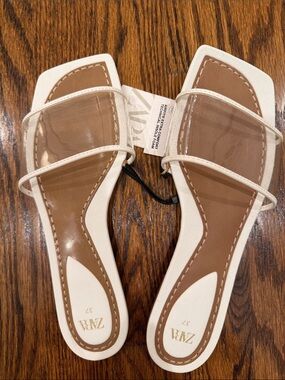Zara White Clear-Strap Square-Toe Slide Sandals